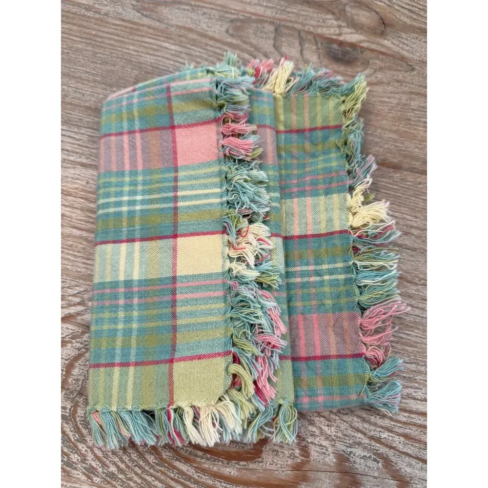 Country Cotton Fringed Napkin Bundle Pastel Pink Blue Plaid Print